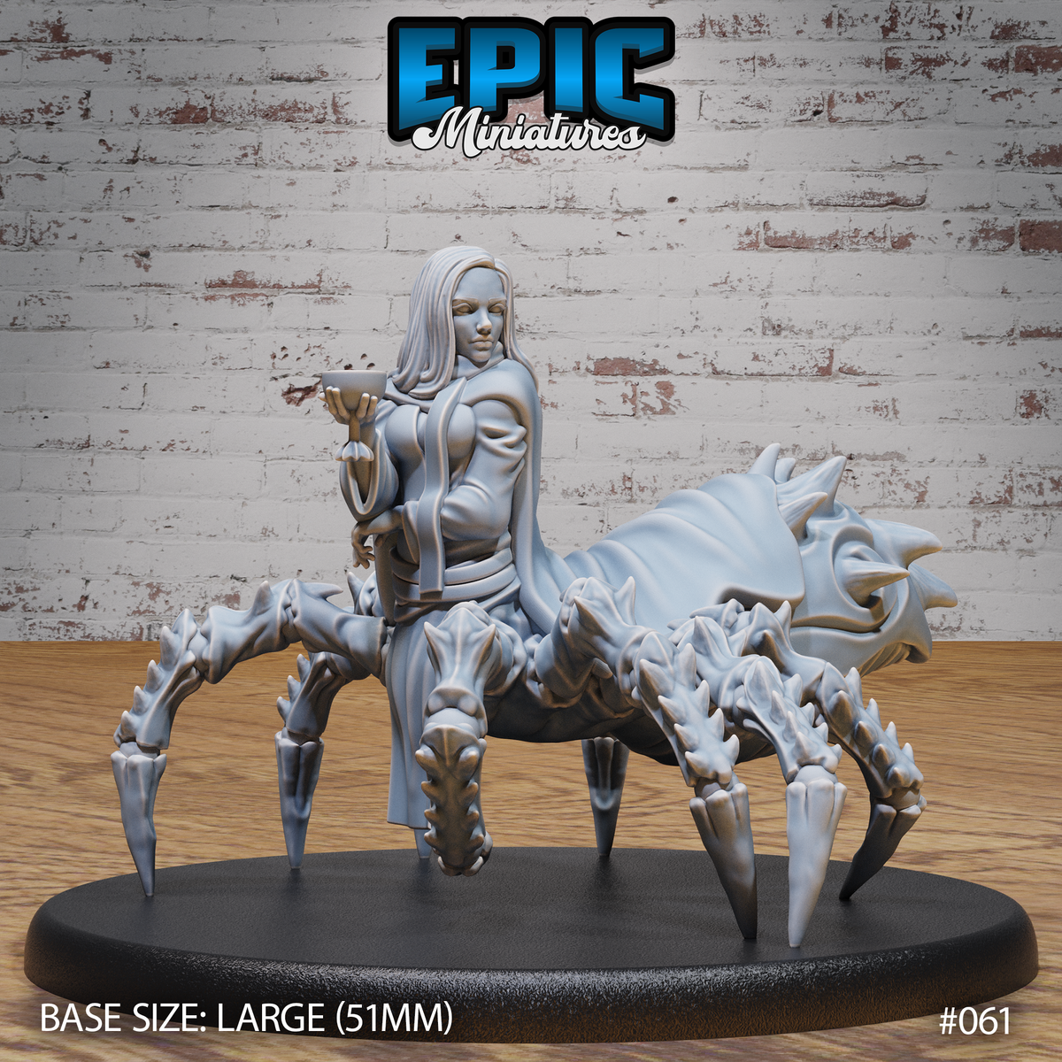 Drider Folk Priestess by Epic Miniatures — pale-haired woman seated on a large eight-legged spider body, raising a goblet in one hand, wearing draped robes, with a spined arachnid abdomen behind her. On a 51mm oval base.