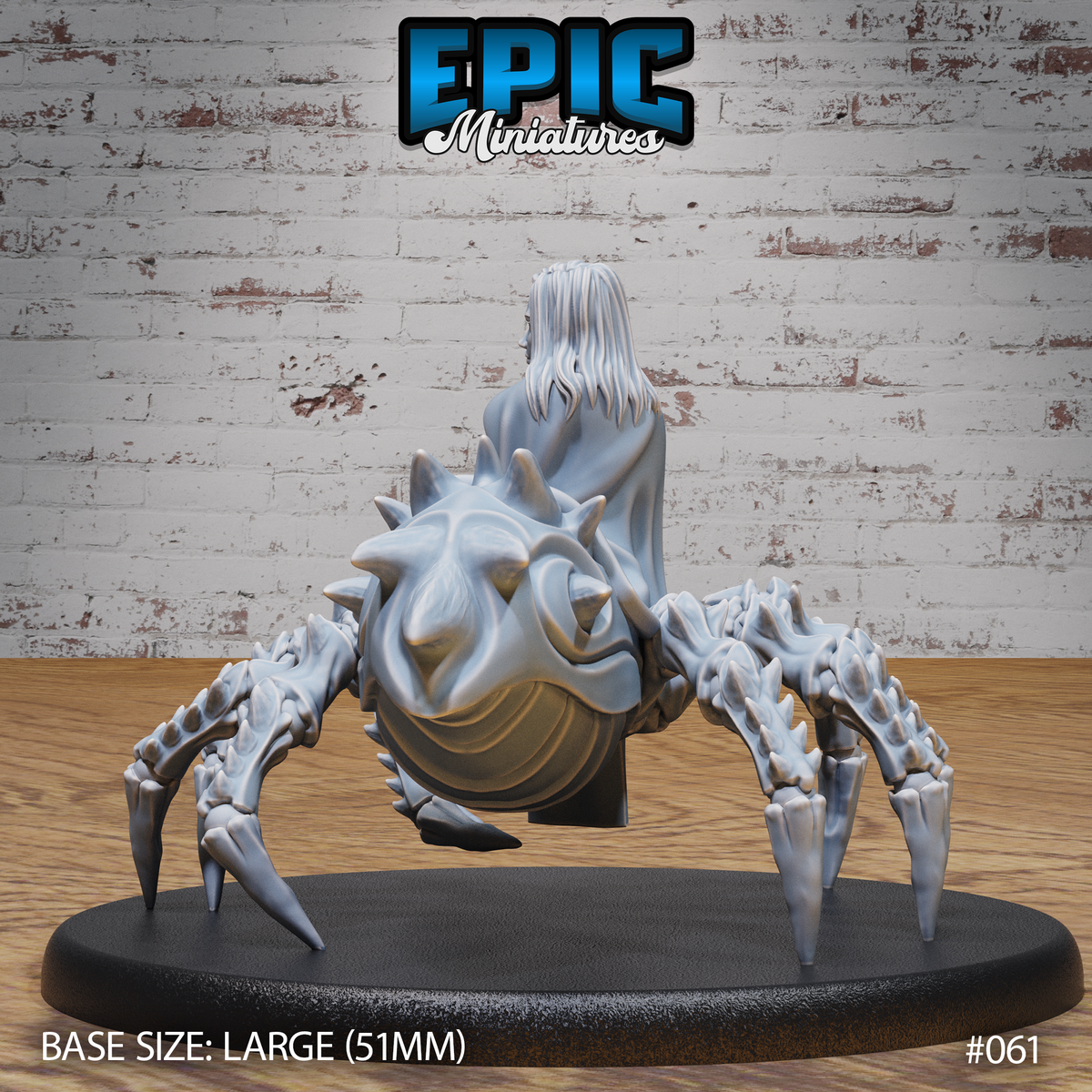 Drider Folk Priestess by Epic Miniatures — rear view showing the heavily textured, spike-covered spider abdomen and the back of long pale hair falling over the figure's shoulders. The eight serrated legs are splayed outward. On a 51mm oval base.