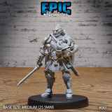 Bearded hobgoblin warrior holding a longsword at his side, wearing layered plate and scale armour with a demon-face chest buckle and a grotesque trophy mask at his hip. Sculpt by Epic Miniatures.