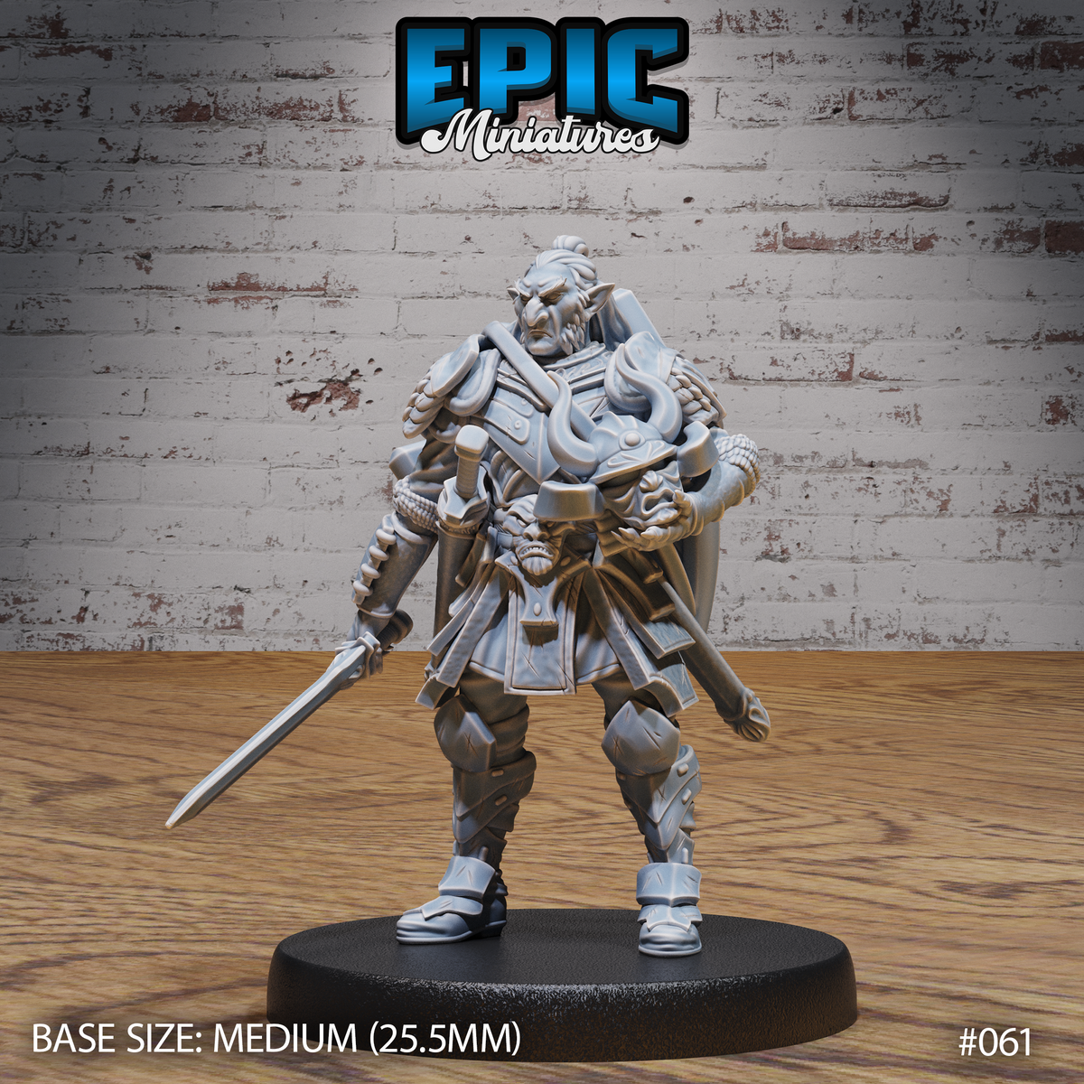 Bearded hobgoblin warrior holding a longsword at his side, wearing layered plate and scale armour with a demon-face chest buckle and a grotesque trophy mask at his hip. Sculpt by Epic Miniatures.