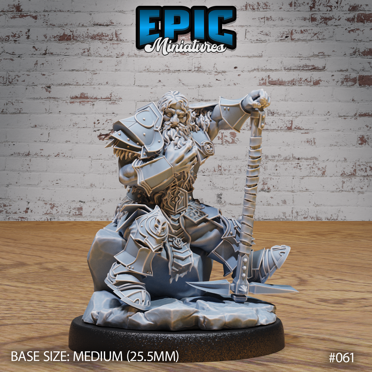 Bearded dwarf warrior seated on a rocky base, resting one hand on his chin and gripping a broad battle axe, wearing detailed layered plate armour with clan engravings. Sculpt by Epic Miniatures.