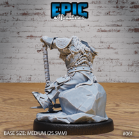 Dwarf warrior in heavy plate armour viewed from behind, long wild hair over engraved spaulders and scale-backed pauldrons, large battle axe rising beside him on a sculpted rock base. Sculpt by Epic Miniatures.
