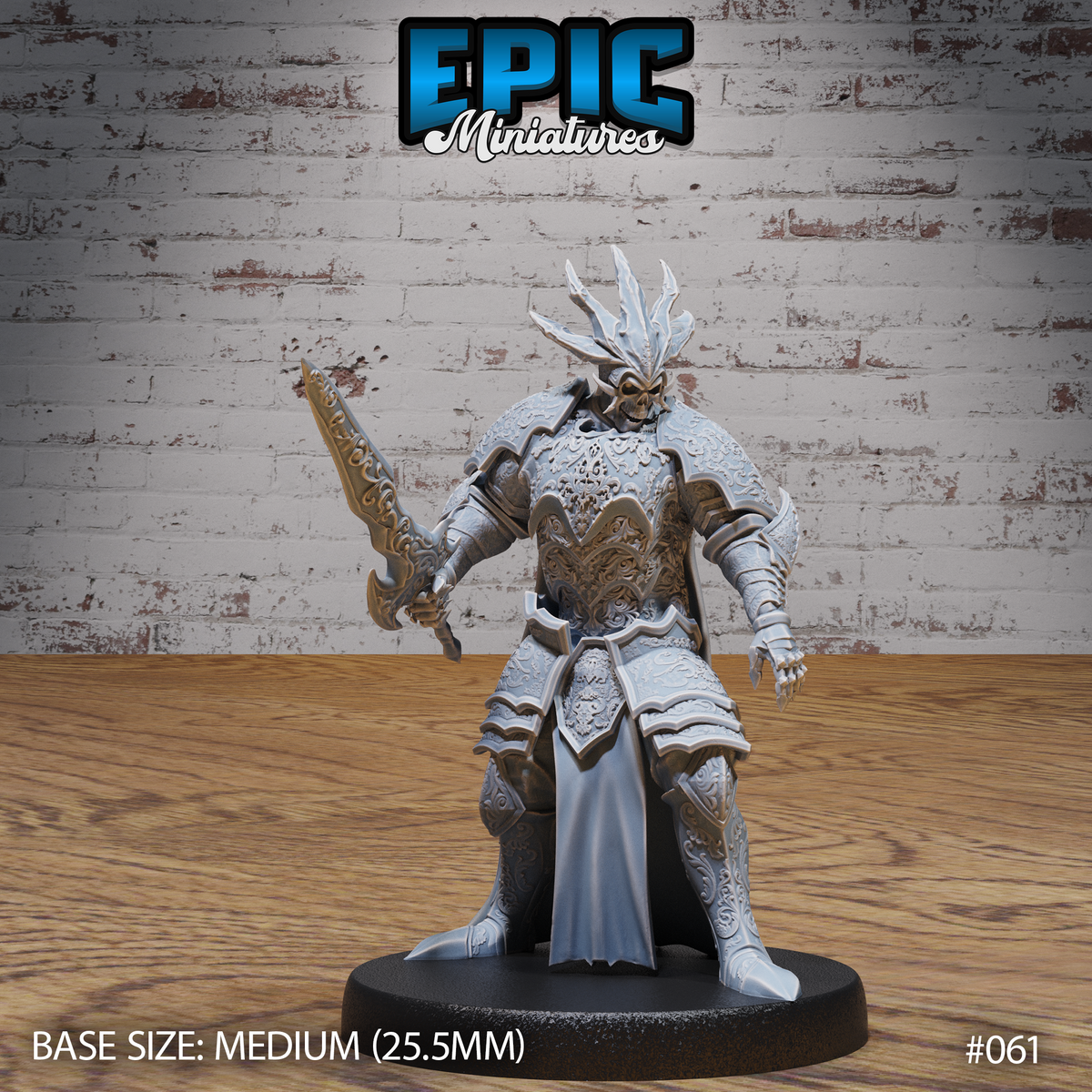 Skeleton Overlord in heavy ornate plate armour, raising a serrated decorative sword, wearing a long flowing cape and jagged bone crown. Sculpt by Epic Miniatures.