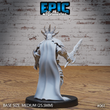 Skeleton Overlord from behind, showing a floor-length draped cape, heavily engraved backplate armour, antler-like bone crown, and a serrated blade held at its side. Sculpt by Epic Miniatures.