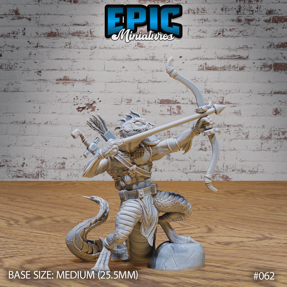 Lizardfolk archer miniature with bow drawn at full extension, short sword strapped across back, wearing hide armour and belt, clawed feet on a rocky base. Sculpt by Epic Miniatures.