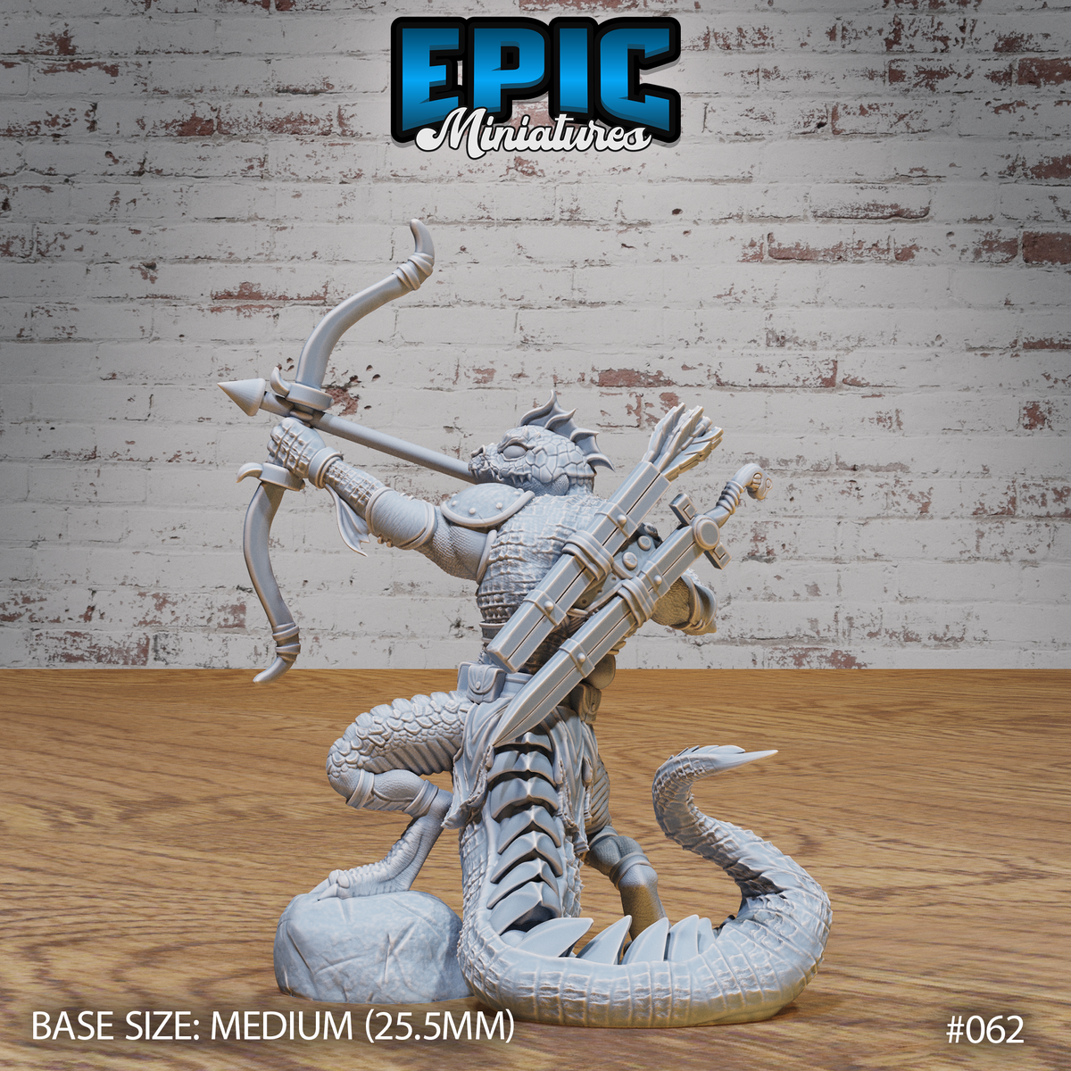 Lizardfolk archer miniature viewed from the side, bow raised and arrow aimed, scaled belly and tail visible, spiny ridges along skull, rocky base beneath clawed feet. Sculpt by Epic Miniatures.