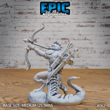 Lizardfolk archer miniature viewed from the side, bow raised and arrow aimed, scaled belly and tail visible, spiny ridges along skull, rocky base beneath clawed feet. Sculpt by Epic Miniatures.