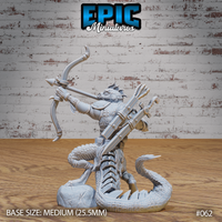 Lizardfolk archer miniature viewed from the side, bow raised and arrow aimed, scaled belly and tail visible, spiny ridges along skull, rocky base beneath clawed feet. Sculpt by Epic Miniatures.