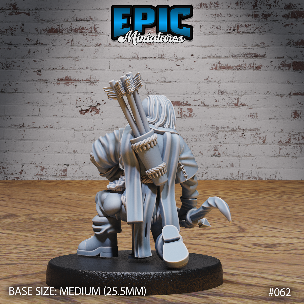 Female orc archer from behind, showing a rope-bound quiver packed with arrows across her back, layered patched cloak, boot buckle detail, and kneeling leg position. Sculpt by Epic Miniatures.