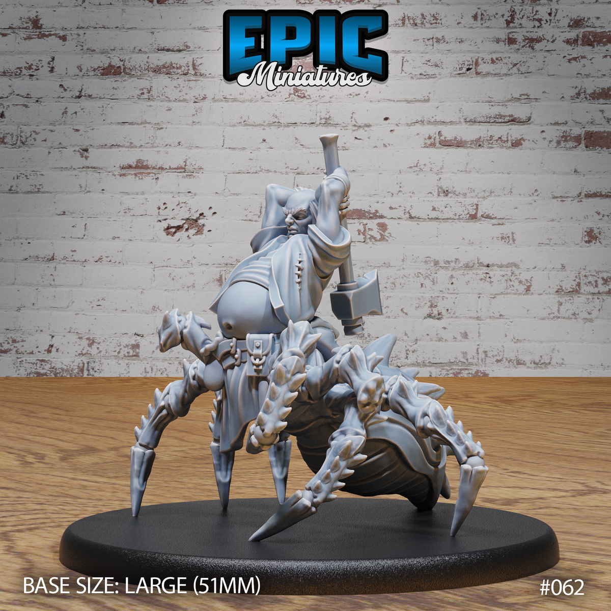 Drider miniature with humanoid torso raising a heavy axe overhead, mounted on a spined giant spider body with splayed legs, on a large plain base. Sculpt by Epic Miniatures.