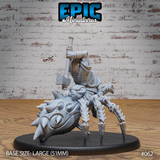 Drider miniature viewed from behind, showing long-haired humanoid rider gripping an axe aloft, seated on an armoured spider body with a detailed multi-eyed face at the front. Sculpt by Epic Miniatures.