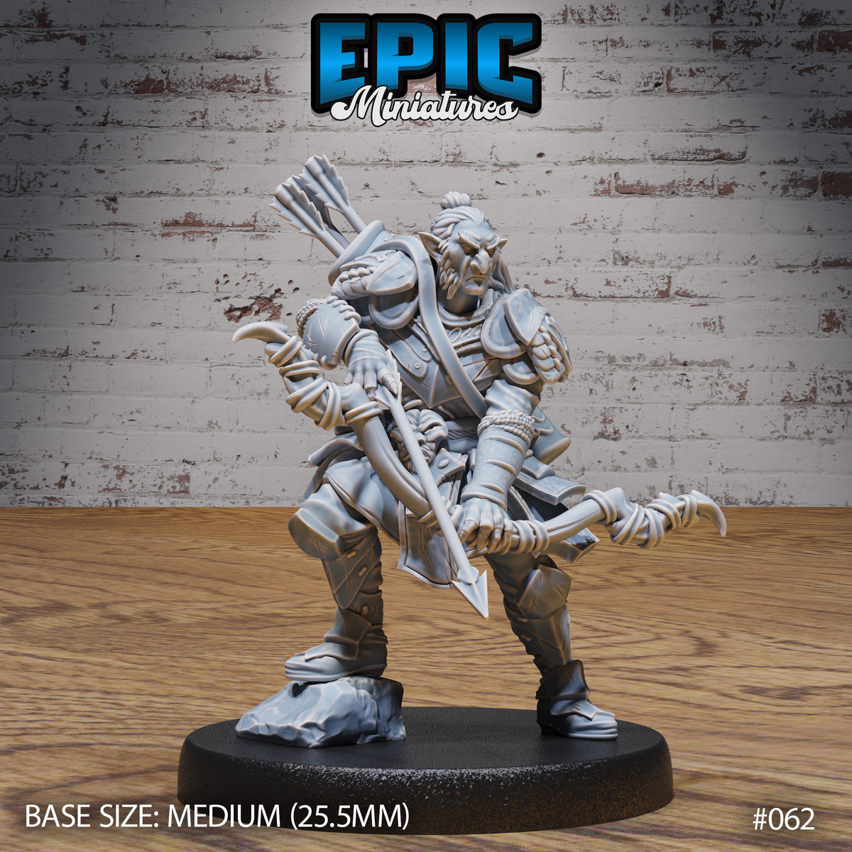 Hobgoblin ranger in a low combat crouch, levelling a spear forward with claw-tipped hands, wearing scale pauldrons, layered leatherwork and rope-wrapped legs, arrows visible over his shoulder. Sculpt by Epic Miniatures.