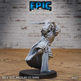 Skeleton Overlord miniature lunging forward with an ornate longsword raised overhead, wearing intricately scrolled plate armour and a horned helm, cloak swept dramatically to one side. Sculpt by Epic Miniatures.