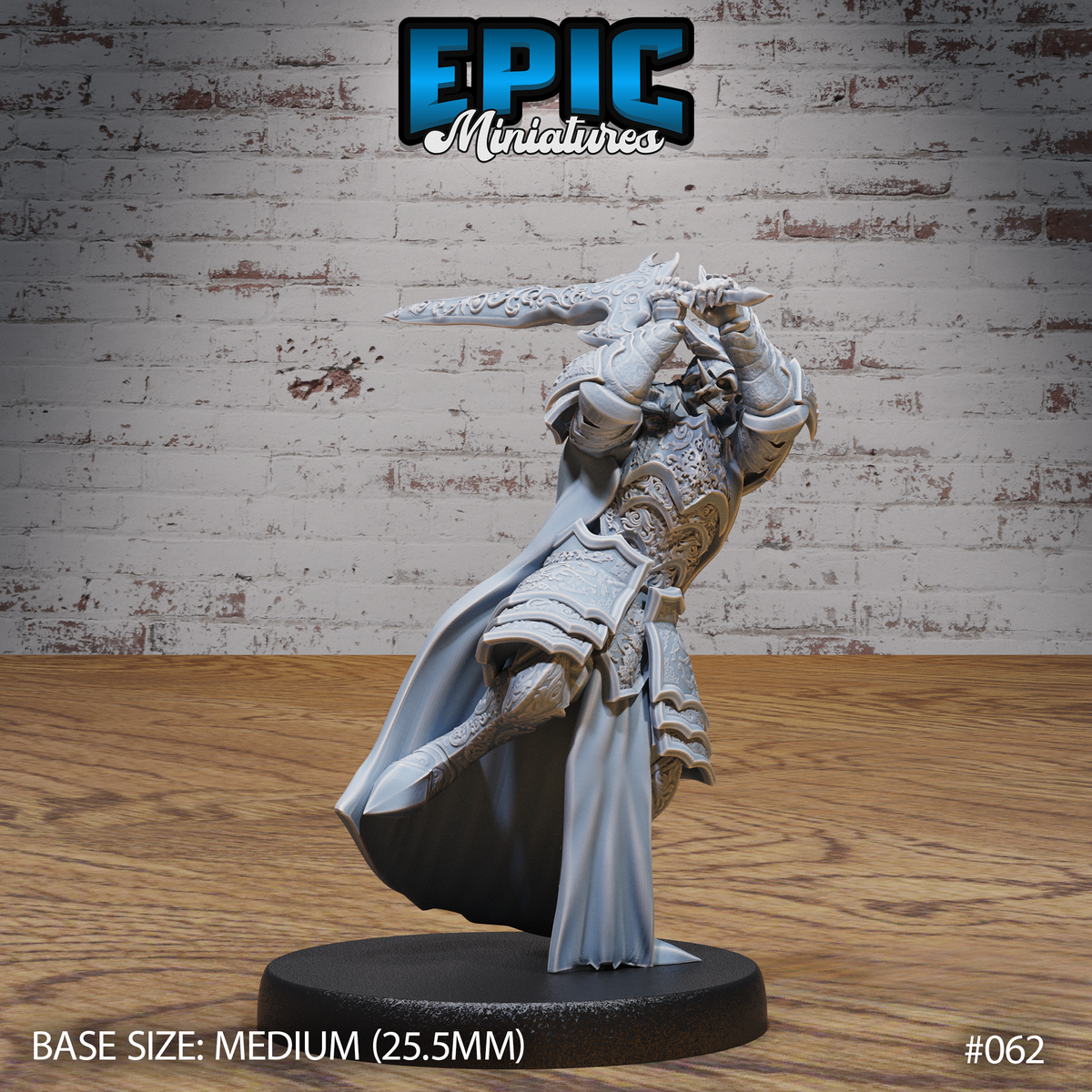 Skeleton Overlord miniature lunging forward with an ornate longsword raised overhead, wearing intricately scrolled plate armour and a horned helm, cloak swept dramatically to one side. Sculpt by Epic Miniatures.