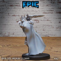 Skeleton Overlord miniature viewed from behind, showing a sweeping full-length cloak billowing outward, horned helm with curved spines, and an ornate blade extended forward in an attacking pose. Sculpt by Epic Miniatures.