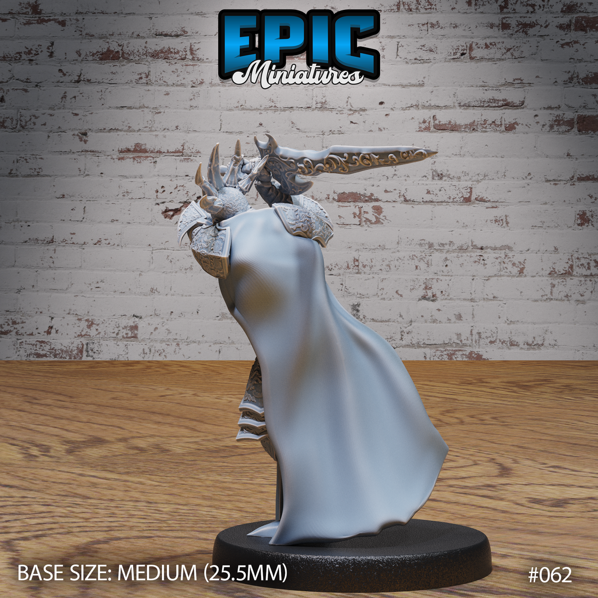 Skeleton Overlord miniature viewed from behind, showing a sweeping full-length cloak billowing outward, horned helm with curved spines, and an ornate blade extended forward in an attacking pose. Sculpt by Epic Miniatures.