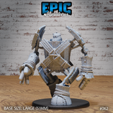 Wooden Construct Golem by Epic Miniatures: broad timber-plank body with rope-crossed chest, bladed iron arms raised wide, dowel fists, hollow-eyed face, on a large round base.