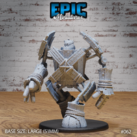 Wooden Construct Golem by Epic Miniatures: broad timber-plank body with rope-crossed chest, bladed iron arms raised wide, dowel fists, hollow-eyed face, on a large round base.