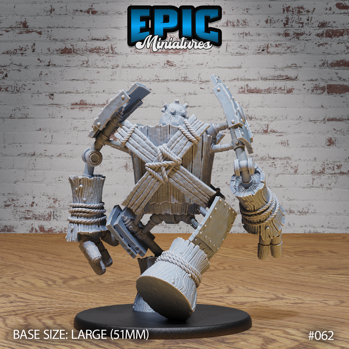 Wooden Construct Golem by Epic Miniatures: mid-stride pose with bladed arm swept low and opposite arm raised, rope-bound log legs, barrel plank torso with X-rope bindings, on a large round base.