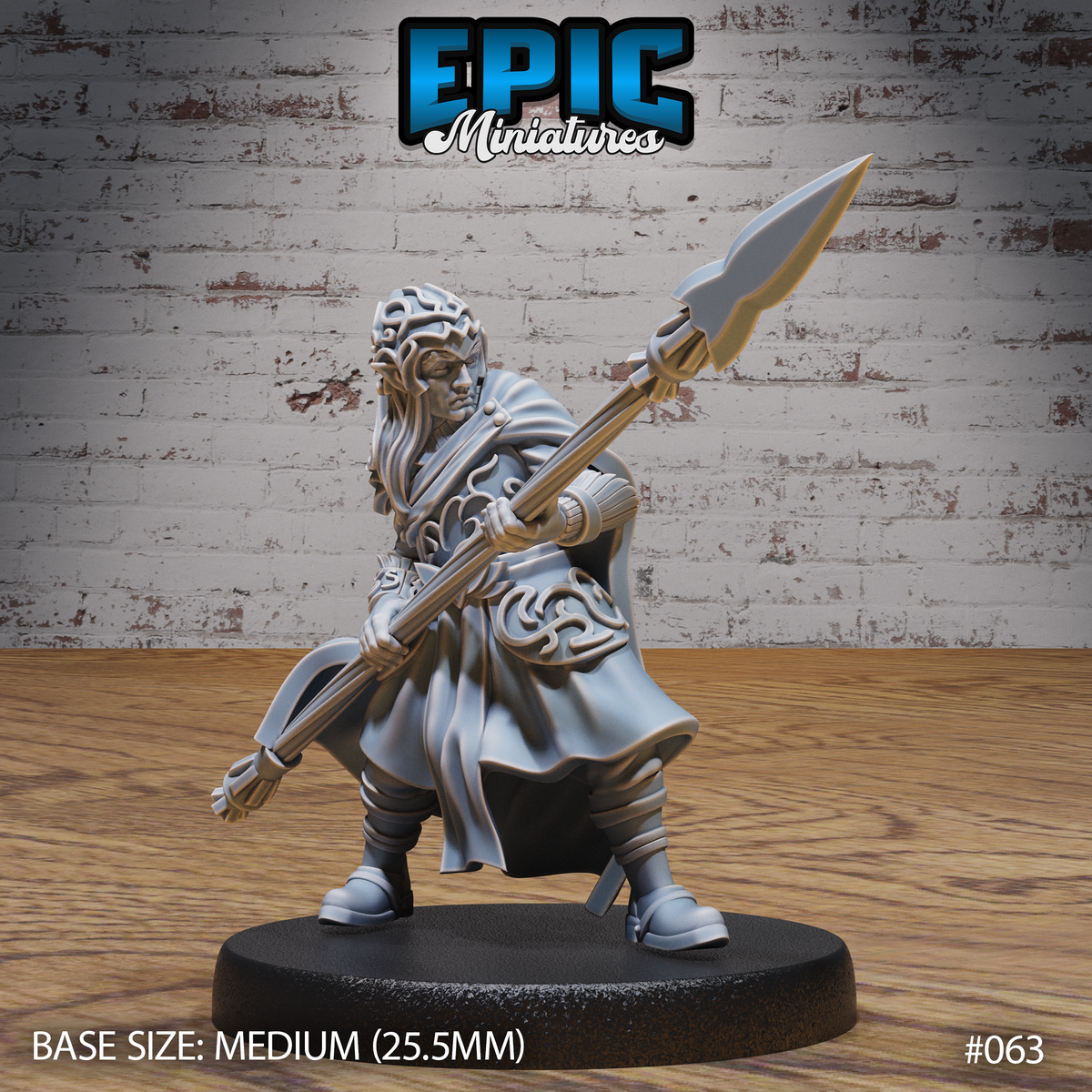 Elven spearman in a low, braced stance gripping a long spear diagonally across his body, wearing layered robes with scrollwork detailing and a swept cloak, hair in an ornate woven style. Sculpt by Epic Miniatures.