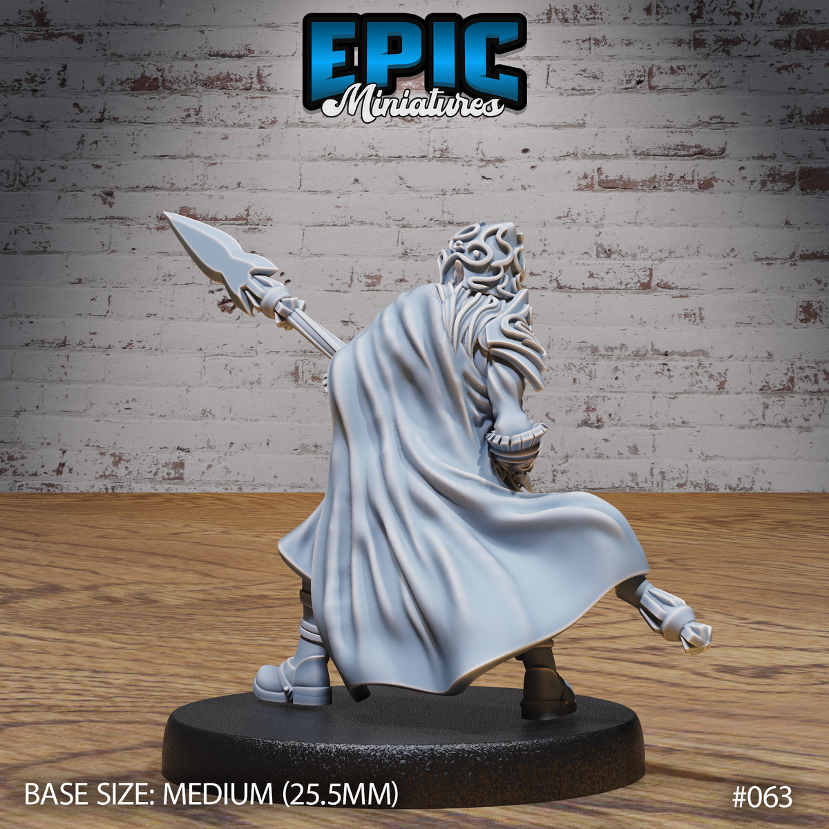 Elven spearman seen from behind, spear extended outward at an angle, large billowing cloak with smooth flowing folds dominating the silhouette, intricate knotwork visible on the back of the head wrap. Sculpt by Epic Miniatures.