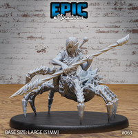 Drider Folk Spearman by Epic Miniatures — long-haired armoured humanoid torso atop a large spider body, holding a long spear horizontally across the chest in a low guard stance, eight clawed legs splayed wide, on a 51mm oval base.