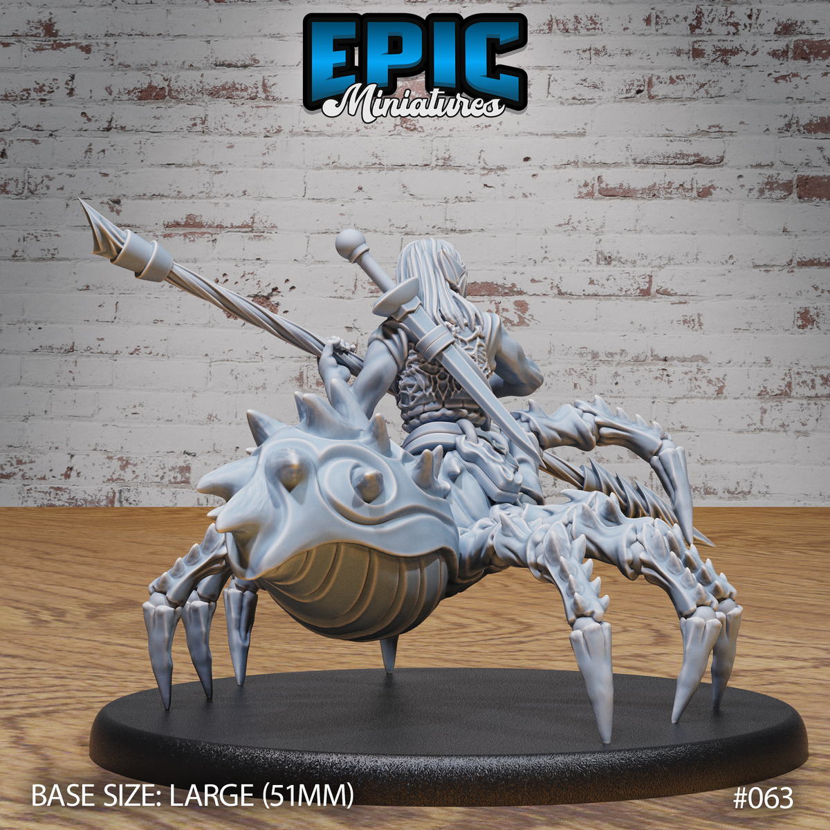 Drider Folk Spearman by Epic Miniatures — rear view showing a sword hilt rising above the rider's back, scale armour detail, flowing hair, and the spider body's broad fanged head with compound eyes and heavy chitin-plated abdomen visible.