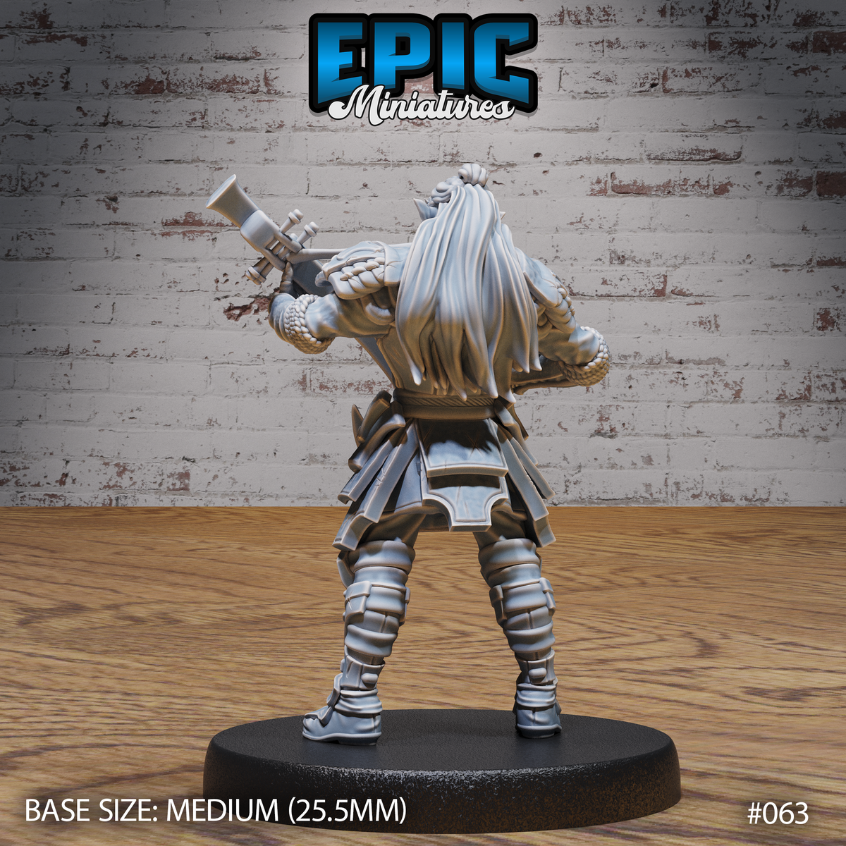 Hobgoblin bard seen from behind, long braided hair flowing loose down his back, gripping a mechanical-looking axe-guitar aloft, armoured in layered plate and wrapped greaves. Sculpt by Epic Miniatures.