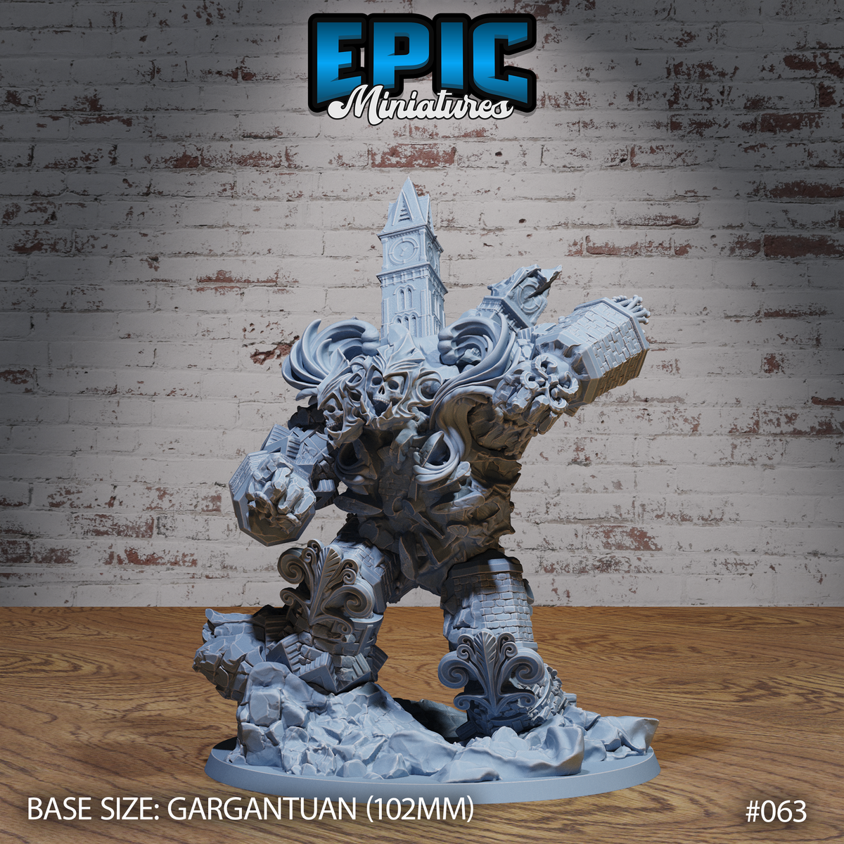 Gargantuan golem miniature surging forward with both arms raised, its torso and shoulders fused with gothic clock towers, skulls, and ornate stonework, standing on a rubble scenic base. Sculpt by Epic Miniatures.
