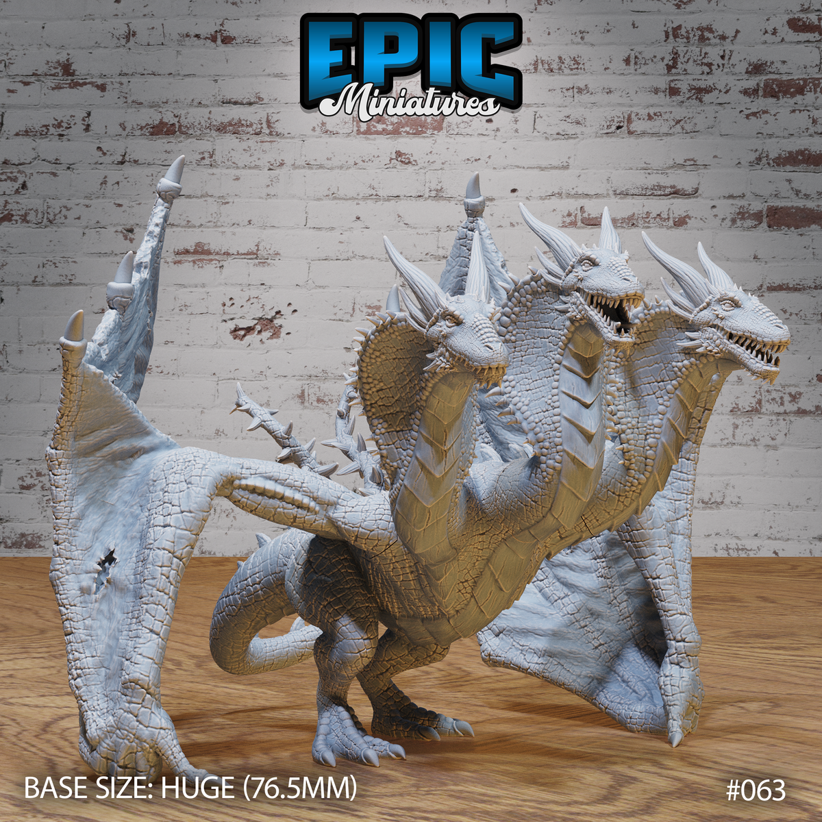 Three-headed wyvern miniature standing upright, wings spread wide, three horned heads angling outward with jaws open, covered in overlapping scales and dorsal spines. Sculpt by Epic Miniatures.