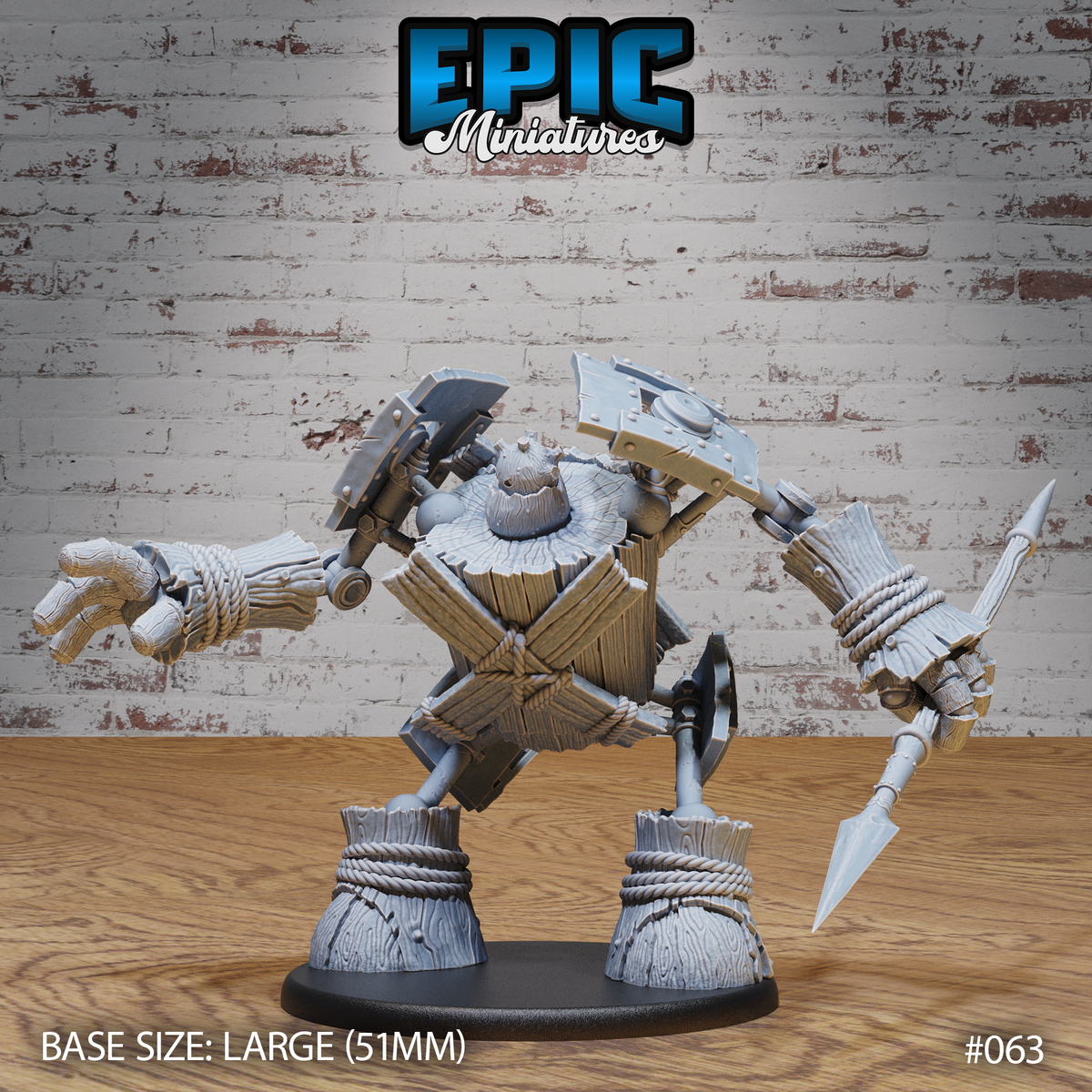 Hulking wooden golem leaning forward aggressively, one claw hand outstretched and one hand gripping a long spike, with axe blades at the shoulders, cross-braced timber torso bound with rope, on a 51mm round base. Sculpt by Epic Miniatures.