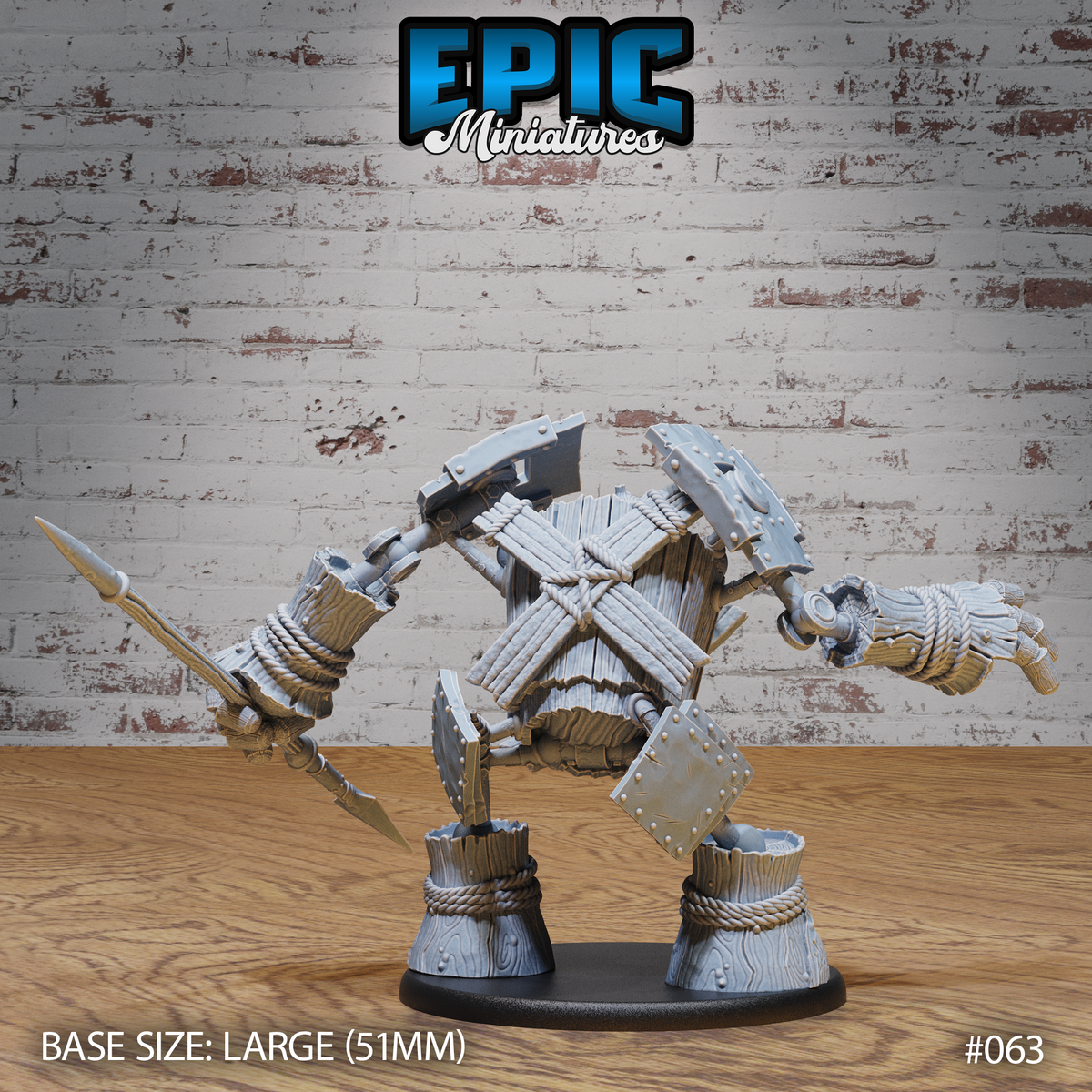 Wooden golem mid-lunge with spike arm extended low and claw arm raised, showing the rope-wrapped timber legs, studded iron chest plates, and heavy bolted shoulder armour from a dynamic low angle. Sculpt by Epic Miniatures.