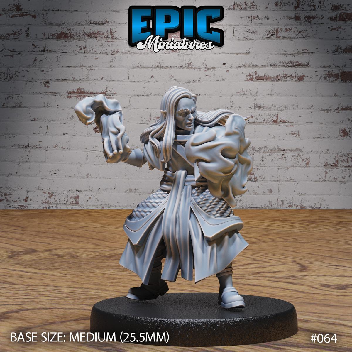 Long-haired elven male figure in a flowing long coat over scale-mail skirts, twisting forward with one fist raised and wreathed in a churning cloud of conjured energy. Sculpt by Epic Miniatures.