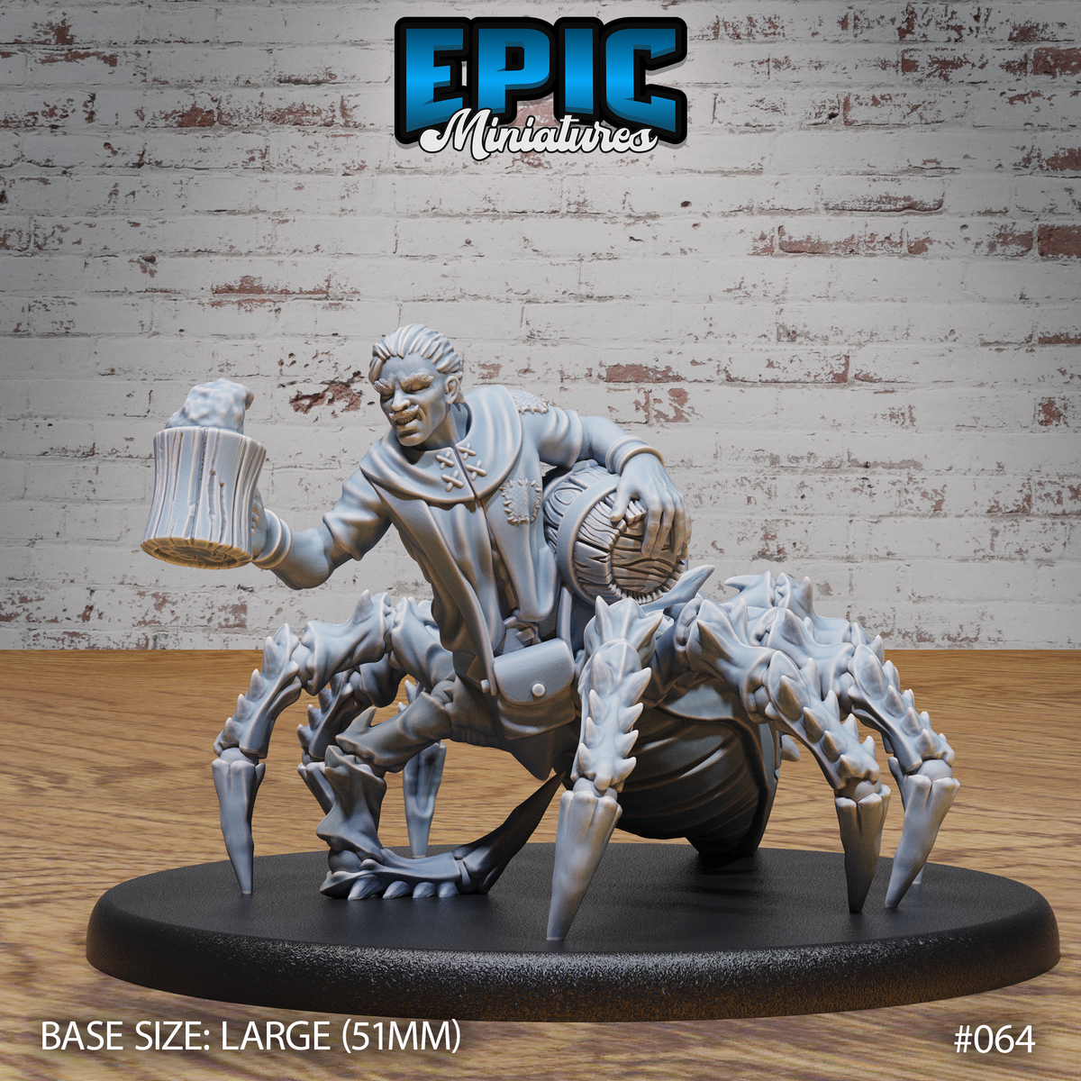 Drider tavern keeper miniature by Epic Miniatures — broad-shouldered humanoid torso raising a foaming tankard, holding a small barrel, wearing a longcoat with medallion detail, fused to a large eight-legged spider body with spined abdomen and clawed legs.