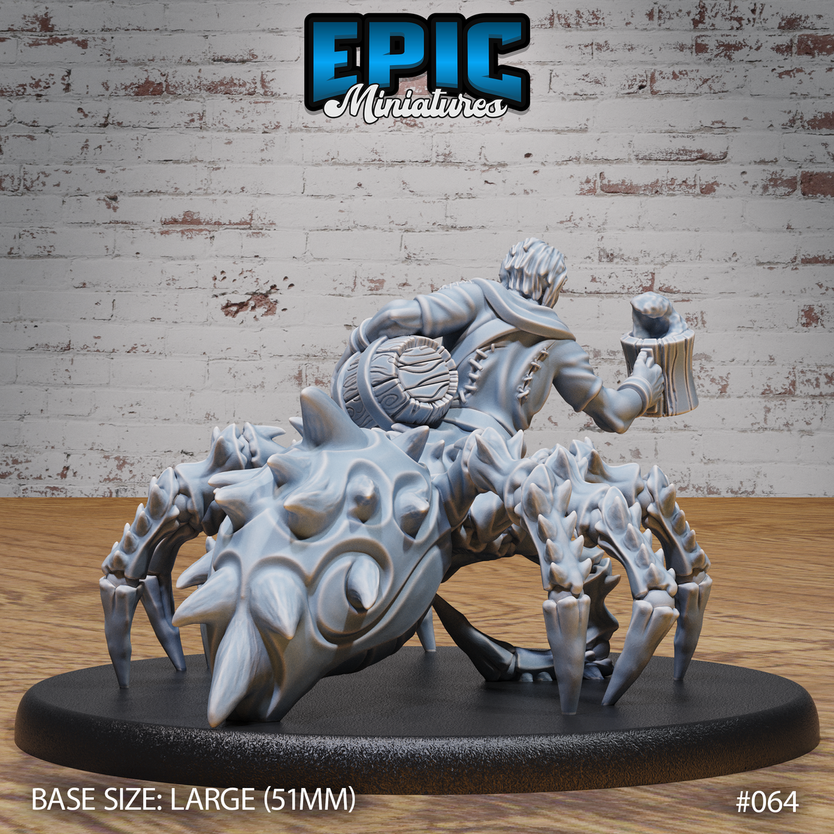 Drider tavern keeper miniature by Epic Miniatures seen from behind — spider abdomen with ringed spinal texture and eye-pattern detailing visible, humanoid figure holding a tankard to one side, longcoat and muscular back clearly defined above the chitinous spider legs.