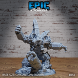 Gargantuan death golem constructed from gothic cathedral masonry, arm raised clutching rubble, clock tower rising from its back, skulls fused into stonework, on a debris-strewn base. Sculpt by Epic Miniatures.