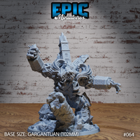 Gargantuan death golem constructed from gothic cathedral masonry, arm raised clutching rubble, clock tower rising from its back, skulls fused into stonework, on a debris-strewn base. Sculpt by Epic Miniatures.