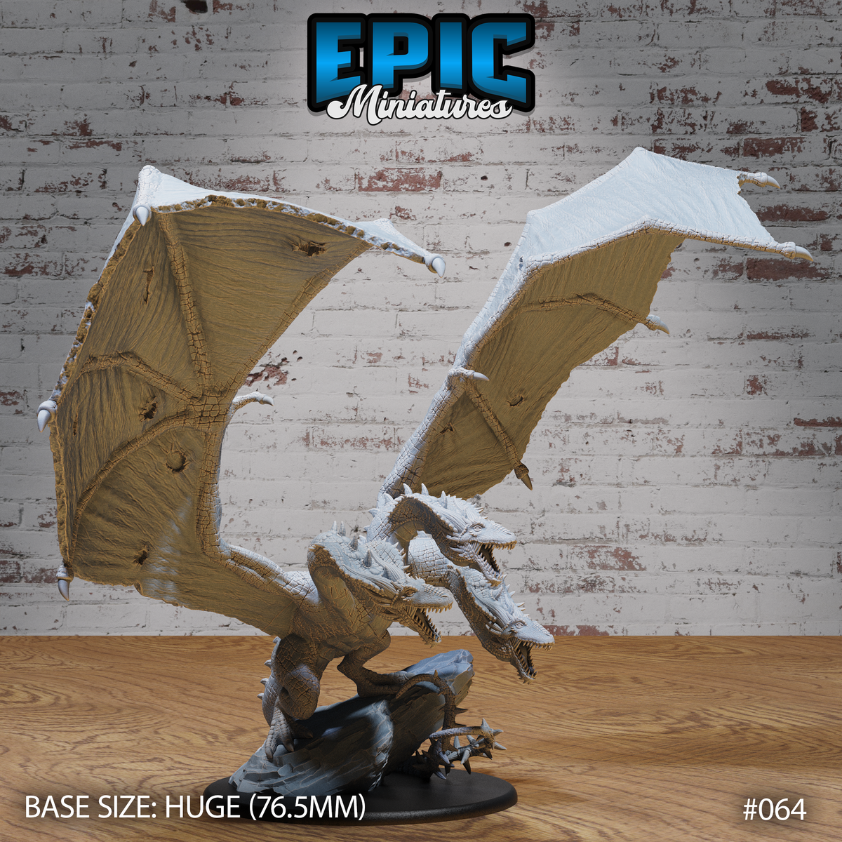 Three-headed wyvern rearing upright, wings fully spread and all three snarling heads angled open mid-roar, clawed feet gripping a flat base. Sculpt by Epic Miniatures.