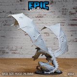 Three-headed wyvern seen from behind, wings raised high showing scarred and punctured membrane detail, coiled tail low, three heads fanning outward. Sculpt by Epic Miniatures.