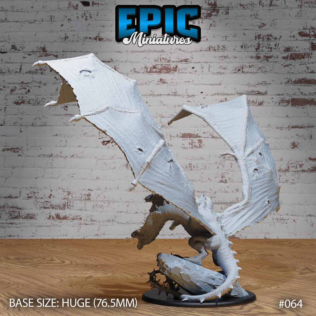 Three-headed wyvern seen from behind, wings raised high showing scarred and punctured membrane detail, coiled tail low, three heads fanning outward. Sculpt by Epic Miniatures.