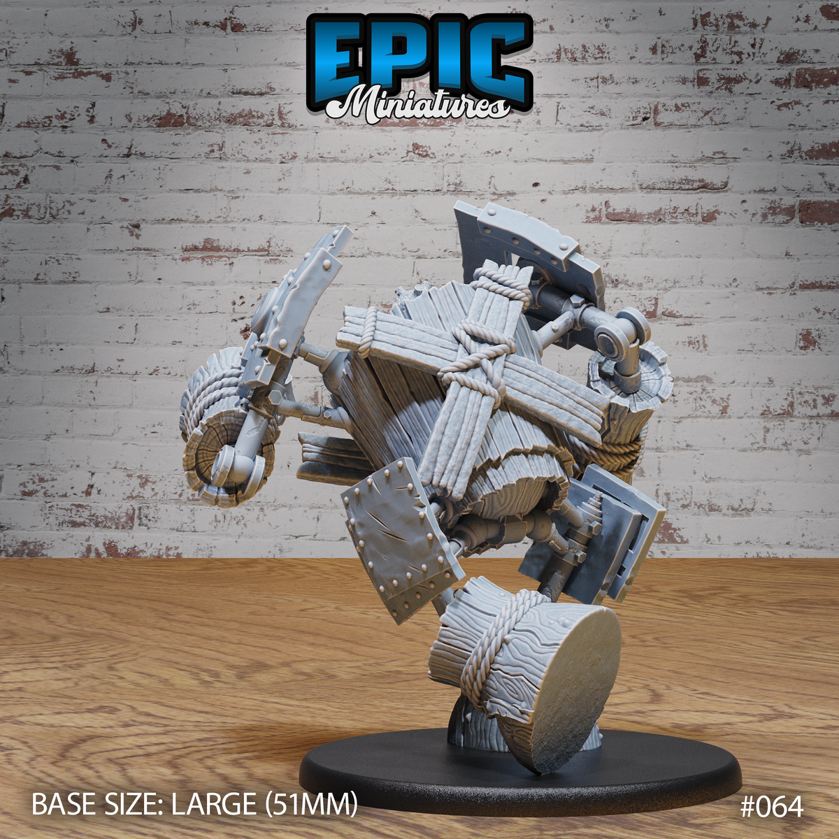 Wooden construct golem viewed from behind and to the side, showing rope lashing at the joints, layered timber plank detailing across the torso, and riveted iron armour plates on the lower body. One leg raised mid-stride, cleaver visible at the wrist. Sculpt by Epic Miniatures.
