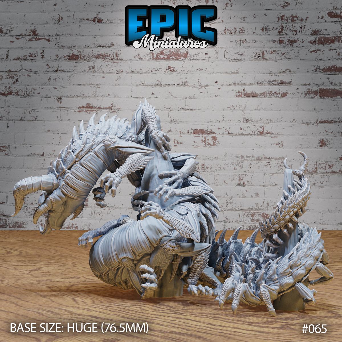 Blackspawn Crawler by Epic Miniatures — close view of the rearing upper body showing segmented torso, splayed clawed arms, mane-like frills around the neck, and a spiked tail curling low to the right.