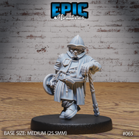 Stocky dwarven guard striding forward, holding a flanged mace lowered at his side, wearing a belted surcoat, armoured greaves, and a pointed kettle helm with cheekguards. Buckler slung at hip. Sculpt by Epic Miniatures.