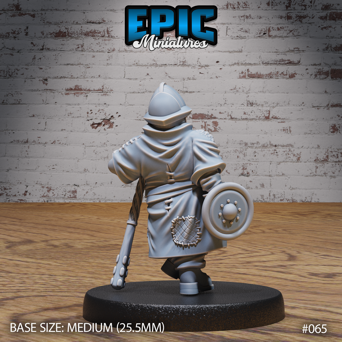 Dwarven guard seen from behind, showing a round buckler strapped across his back with a central boss, a hooded surcoat with quilted patch detail at the lower back, and a flanged mace held at his side. Sculpt by Epic Miniatures.
