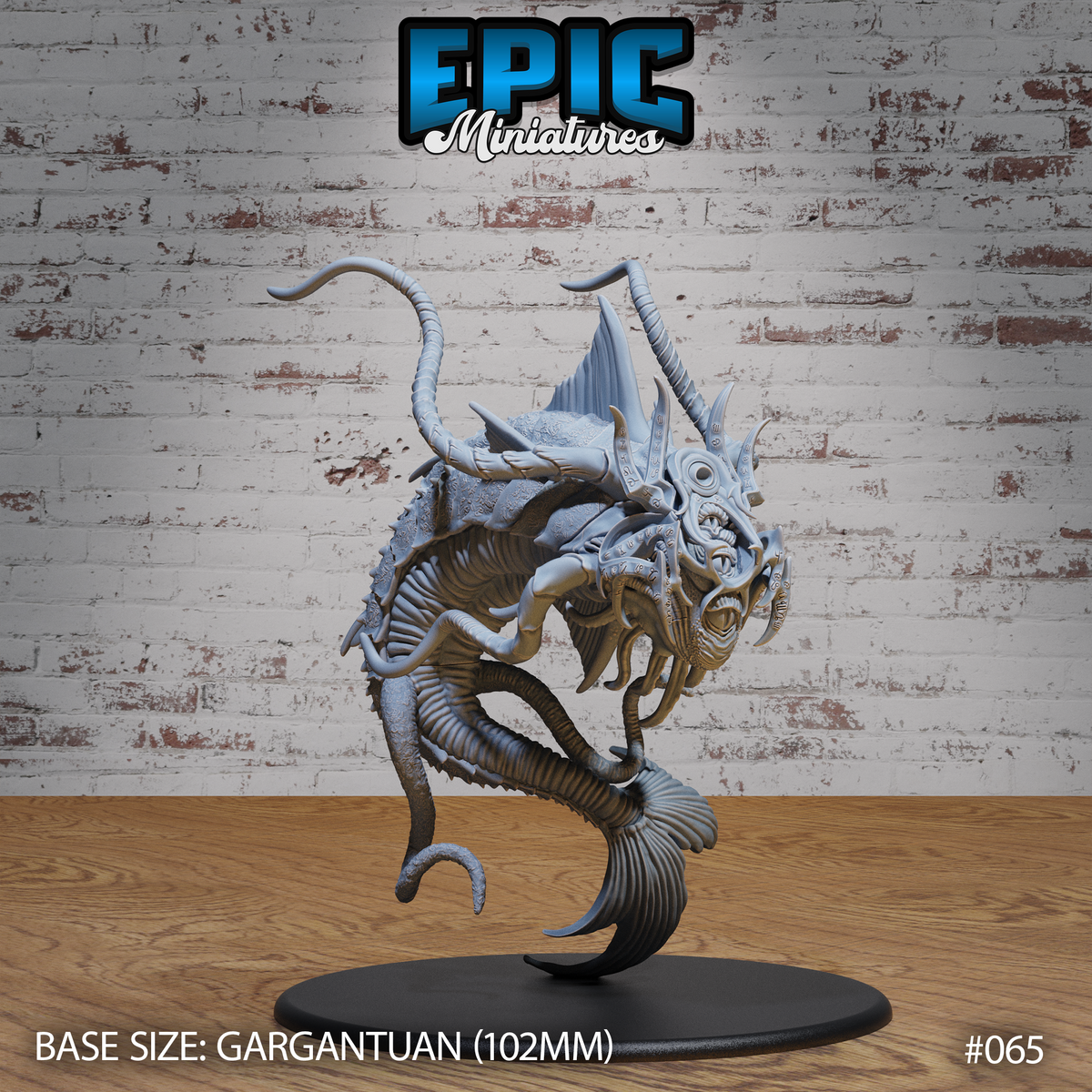 Elder Aboleth miniature by Epic Miniatures — coiling creature rearing forward, clusters of unblinking eyes and open fanged maw, long antennae overhead, tentacles curling beneath, on a 102mm oval base.