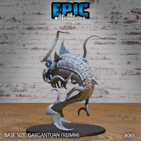 Elder Aboleth miniature by Epic Miniatures — side view showing segmented chitinous back ridges, layered fins, spined legs, and lashing tentacles, body arched aggressively forward on a 102mm oval base.