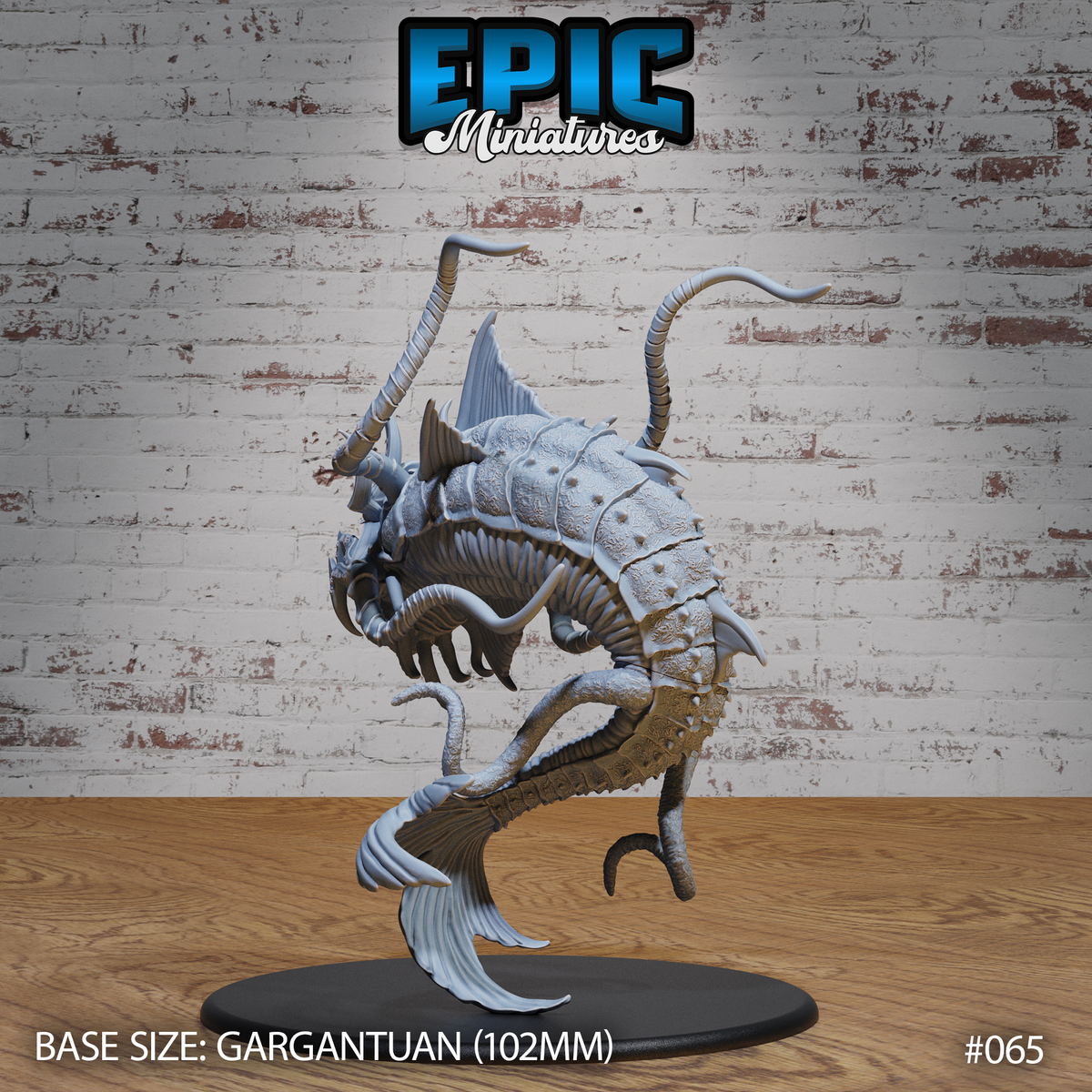 Elder Aboleth miniature by Epic Miniatures — side view showing segmented chitinous back ridges, layered fins, spined legs, and lashing tentacles, body arched aggressively forward on a 102mm oval base.