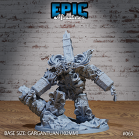 Gargantuan golem looming forward with arms spread wide, its body built from clocktower masonry, skulls, and gothic stonework. A spired clock tower rises from its back. Rubble-strewn base. By Epic Miniatures.