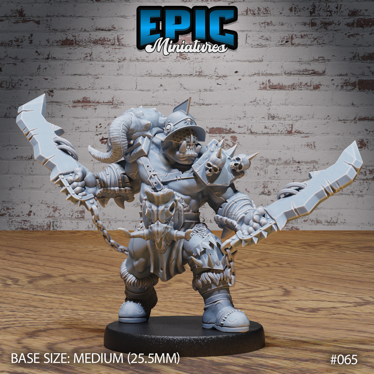 Stocky orc warrior with both arms spread wide, dual-wielding jagged stone cleavers, wearing a horned beast skull helmet, spiked pauldrons hung with skulls, heavy chains at the waist, and fur-trimmed boots. Sculpt by Epic Miniatures.