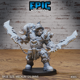 Stocky orc warrior with both arms spread wide, dual-wielding jagged stone cleavers, wearing a horned beast skull helmet, spiked pauldrons hung with skulls, heavy chains at the waist, and fur-trimmed boots. Sculpt by Epic Miniatures.